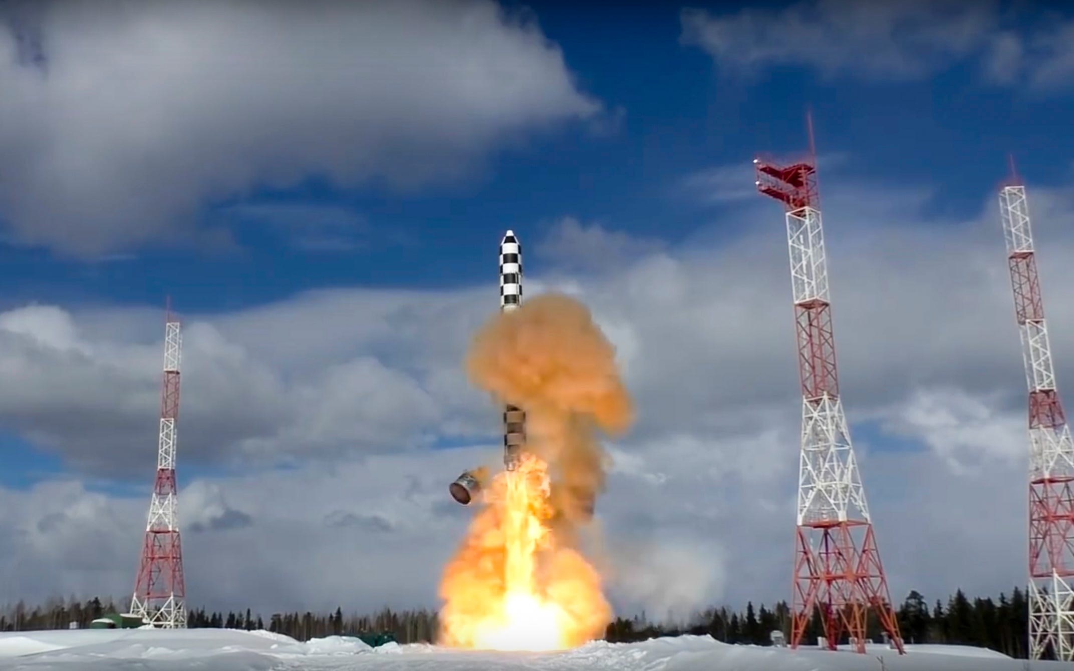 In this image from video provided by the Russian Defense Ministry Press Service, the Sarmat intercontinental ballistic missile blasts off during a test launch Friday from the Plesetsk launch pad in northwestern Russia, Friday, March 30, 2018.