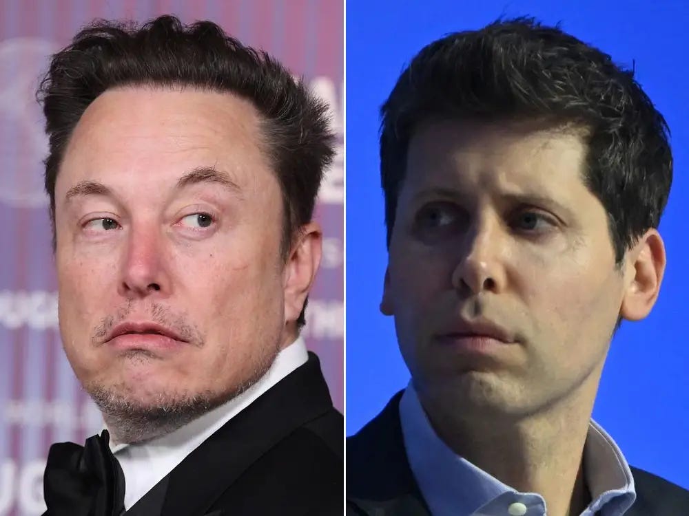 Elon Musk looking at his left; Sam Altman looking toward his left.