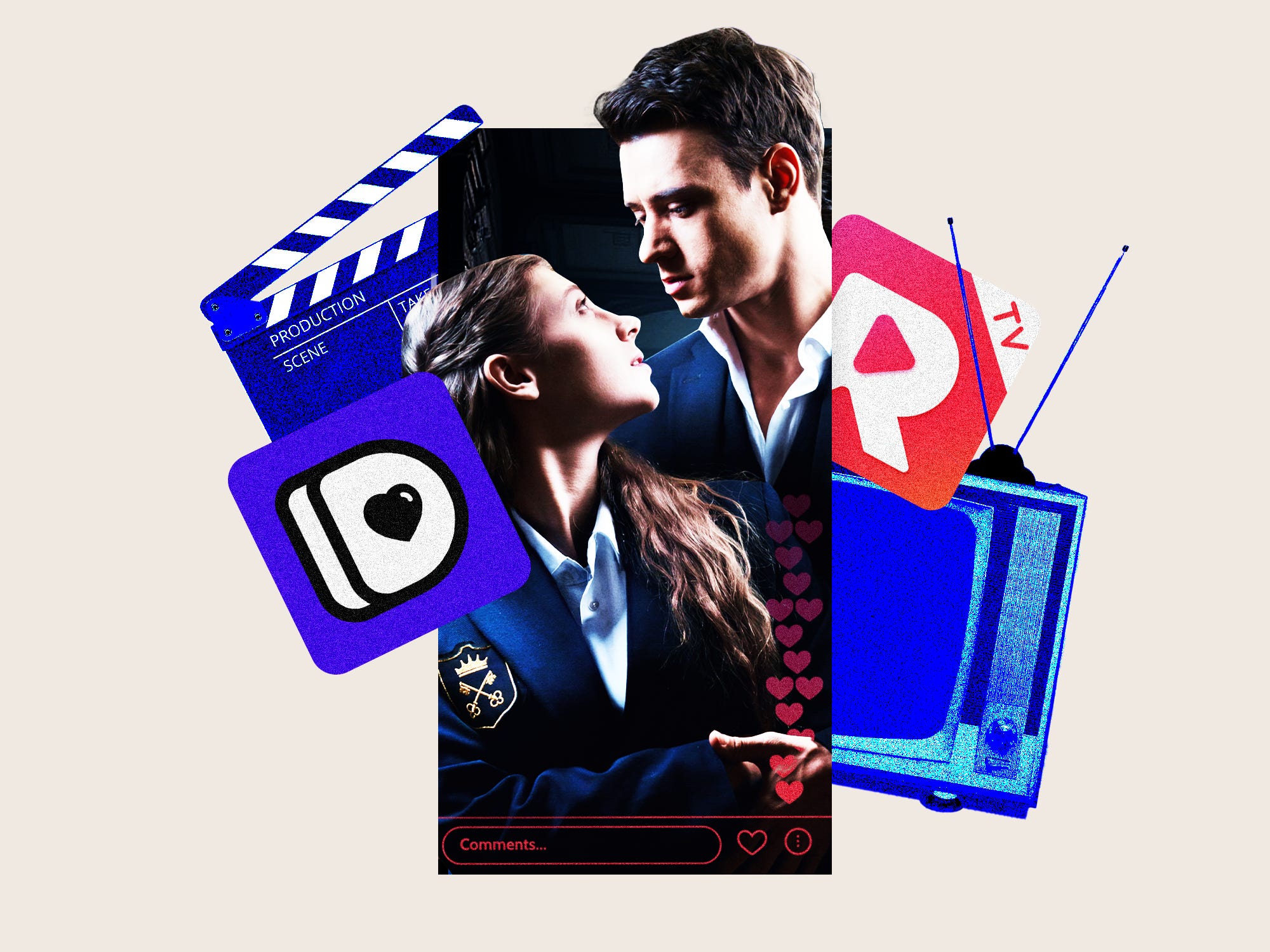 Photo collage featuring a scene from DramaBox's show Young Elite, surrounded by the DramaBox and ReelShort app icons, a vintage television, and a black empty Hollywood slate board, with floating