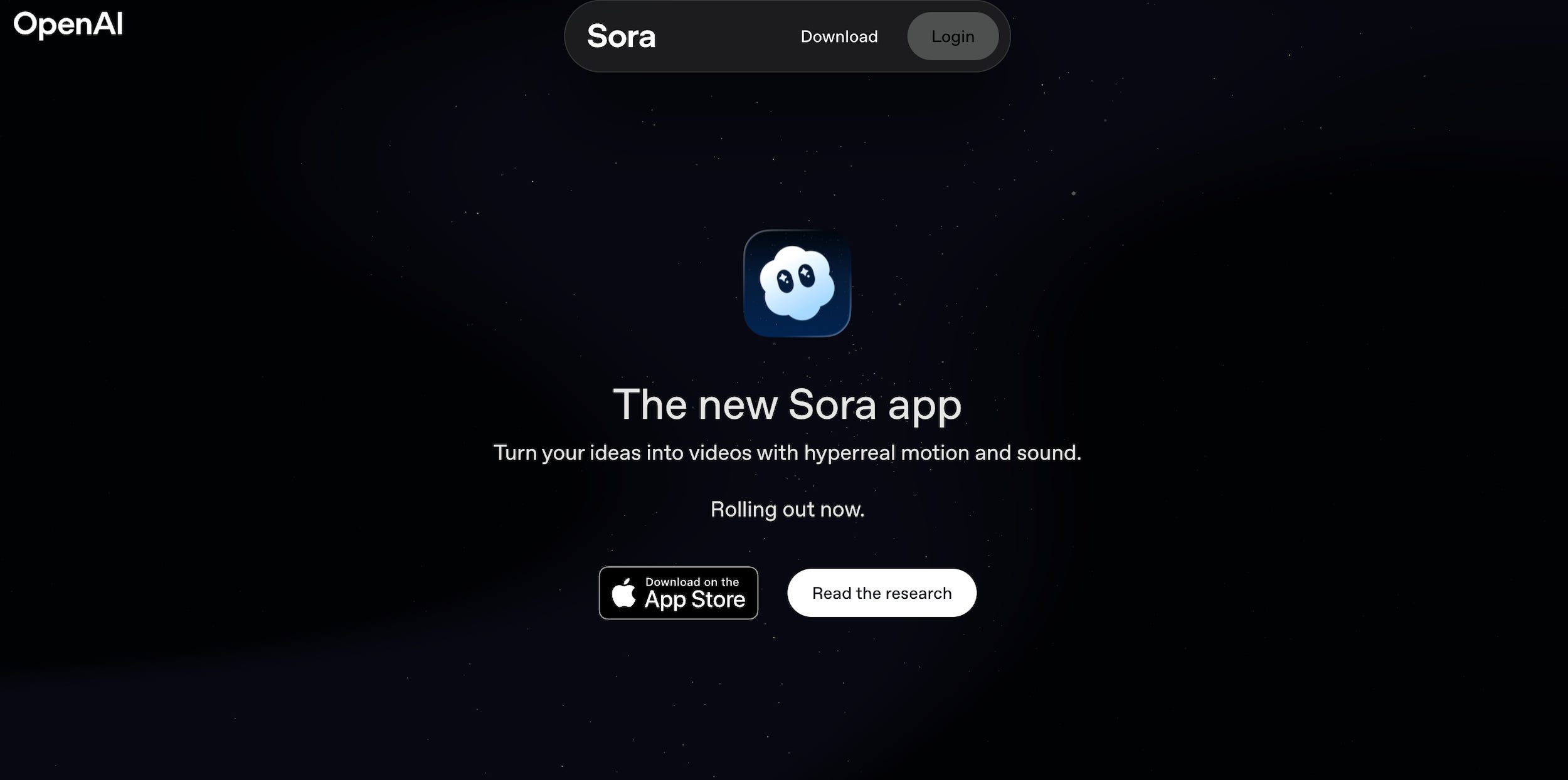 A screenshot of the Sora landing page on OpenAI's website