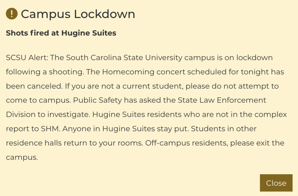 SCSU Campus Lockdown alert following a shooting at Hugine Suites.