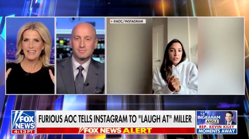 Laura Ingraham and Stephen Miller discuss AOC on Fox News.