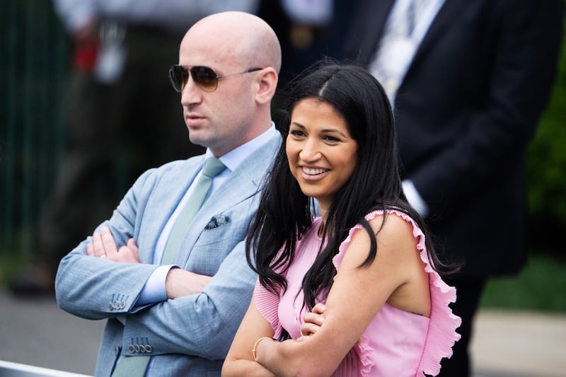 UNITED STATES - APRIL 21: Stephen Miller, White House deputy chief of staff, and his wife, Katie Miller, an aide for DOGE, attend the White House Easter Egg Roll on Monday, April 21, 2025. (Tom Williams/CQ-Roll Call, Inc via Getty Images)