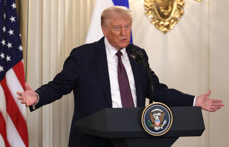 President Donald Trump, pictured during his joint news conference with Israeli Prime Minister Benjamin Netanyahu on September 29, wrote that Hamas had a "last chance" to agree to his peace plan or its members would be hunted down and killed.