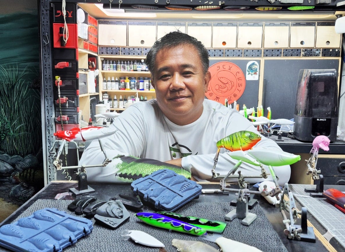 Jon Calma Vagara runs a side hustle that sells fishing lure stencils to US customers.