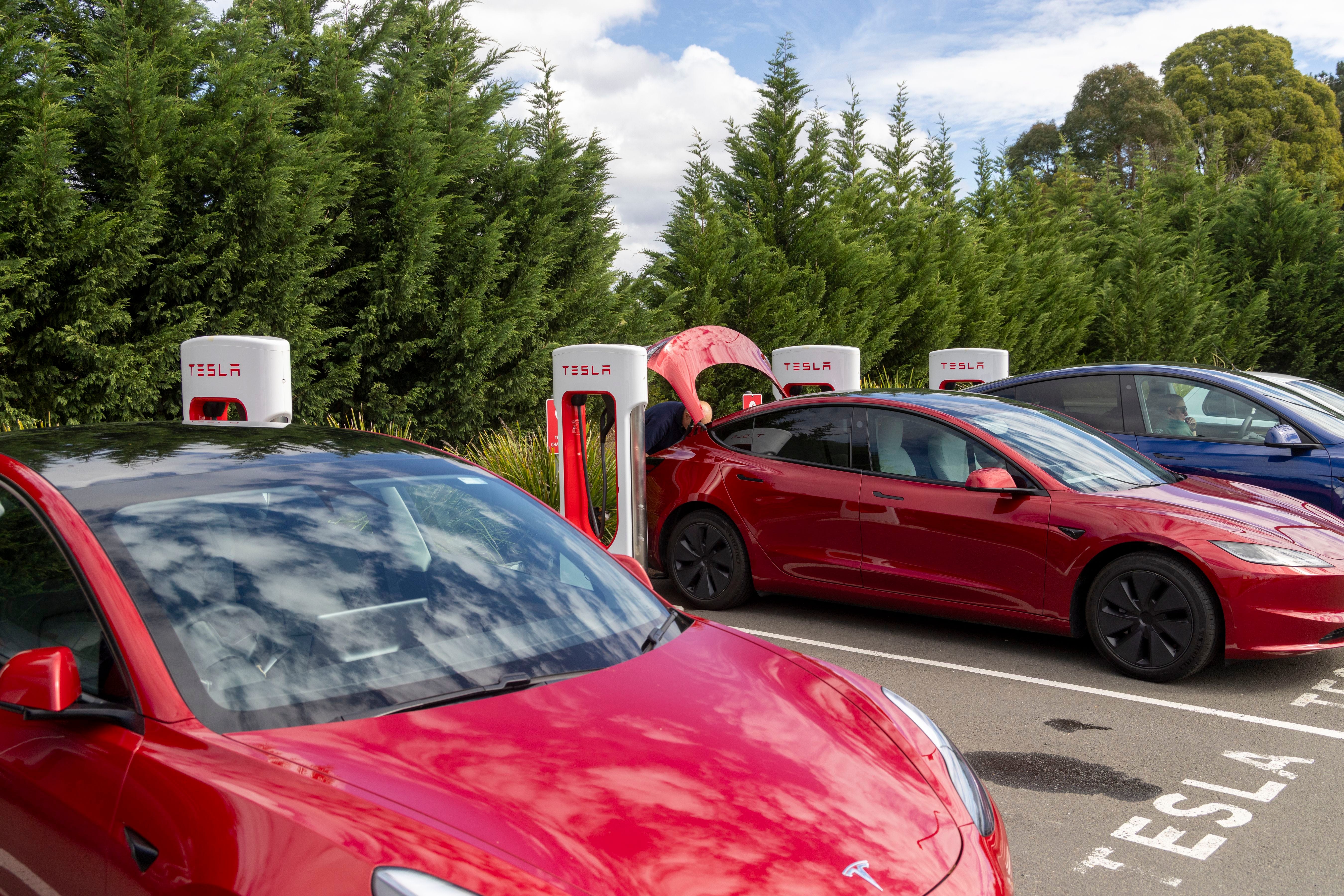 Tesla Model 3s and Model Ys are pictured charging.