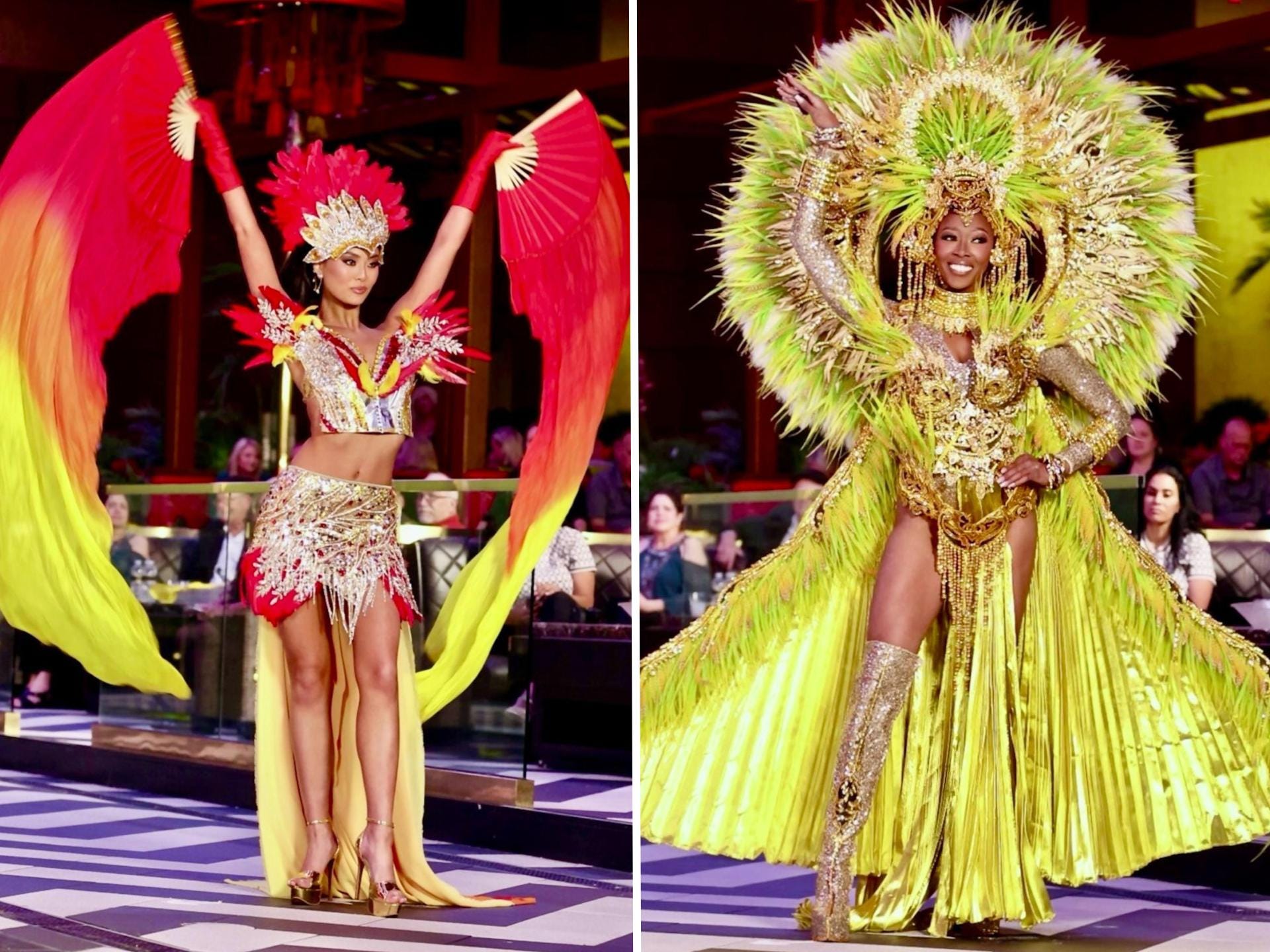 A side-by-side of two contestants competing in the 2025 Miss USA costume contest.