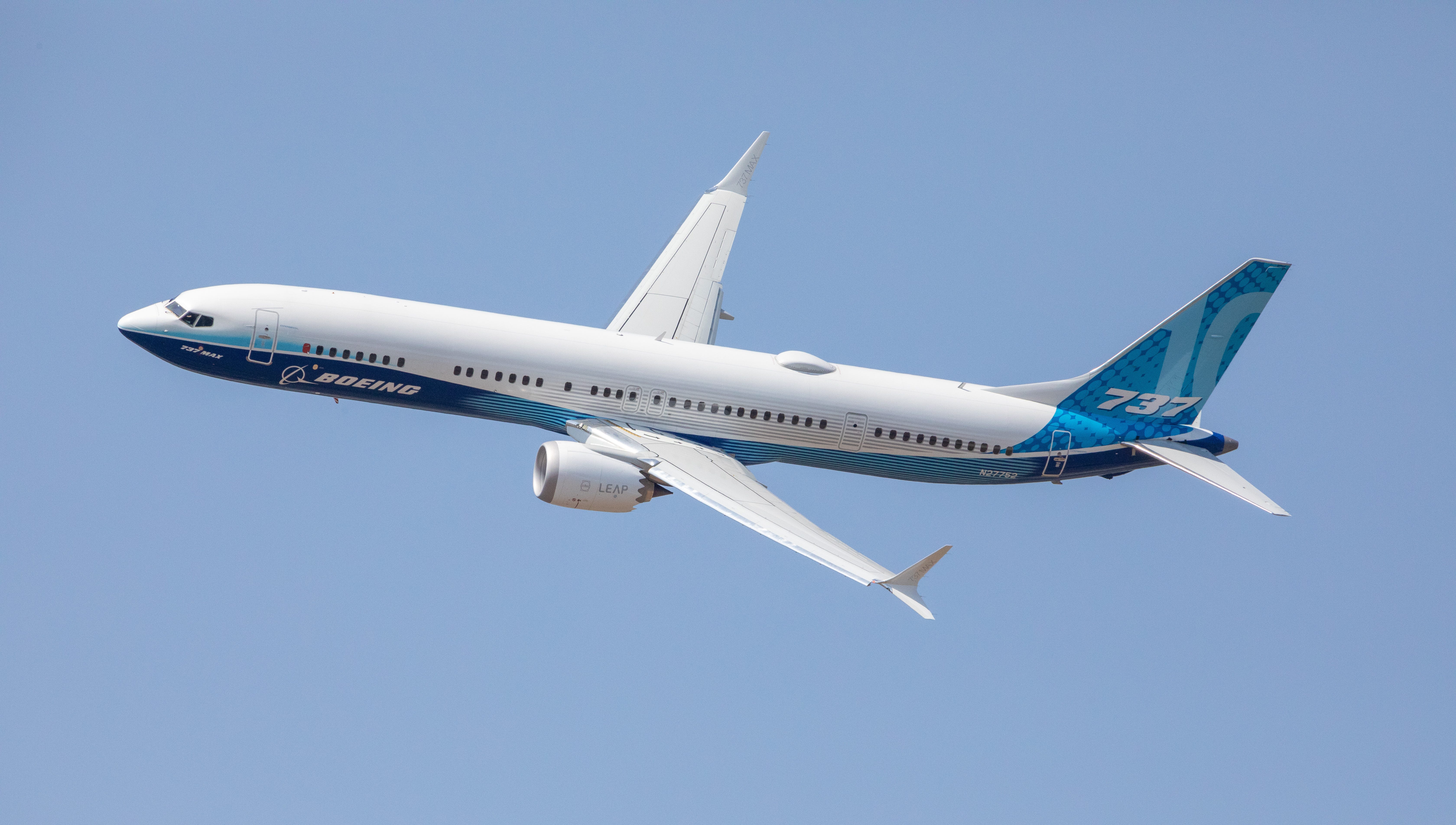 Boeing 737 Max Air Display at Farnborough Airshow, Hampshire. England.