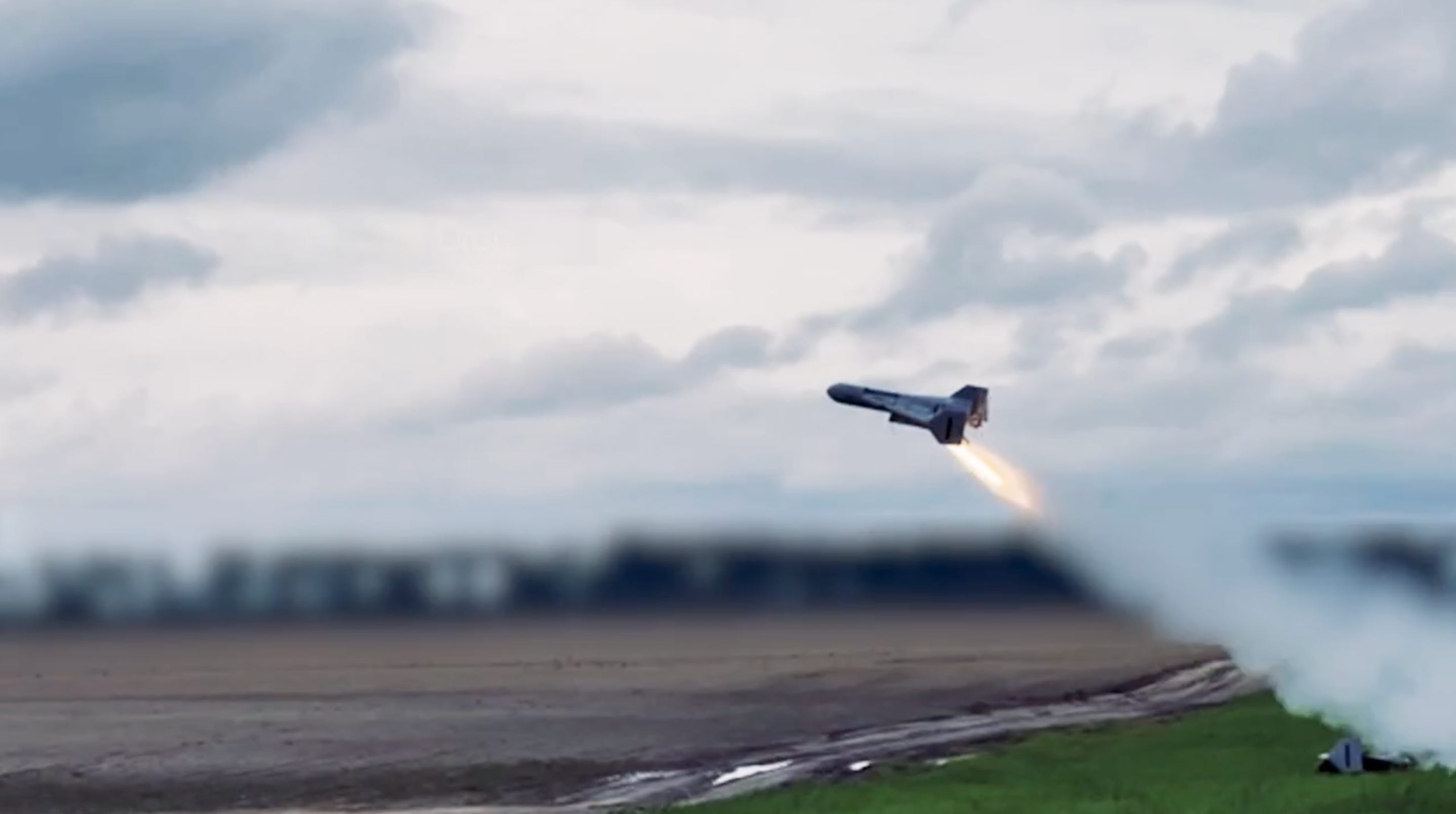 A long-range strike drone takes off from an undisclosed location.