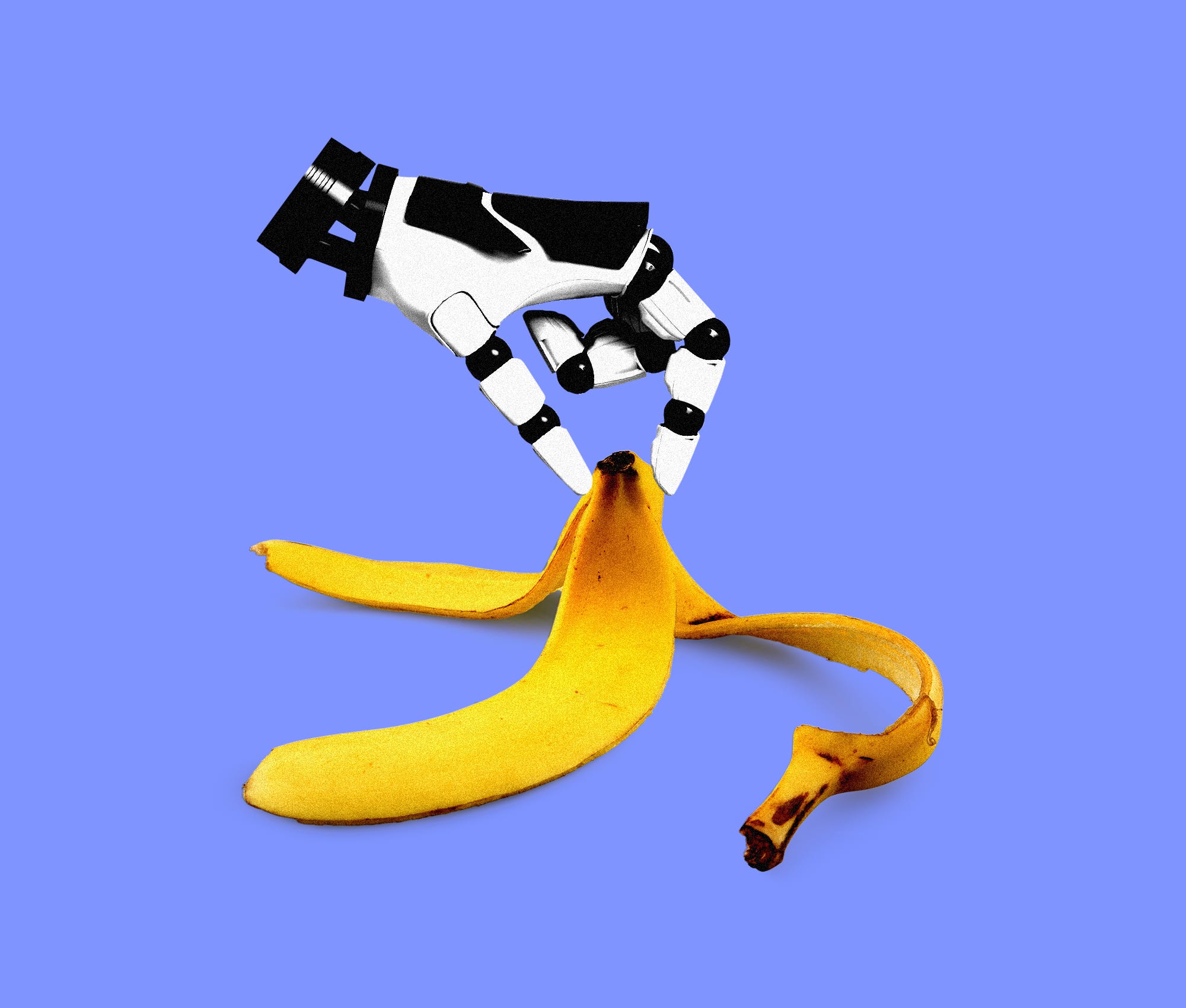 A robot hand holding a banana peel.