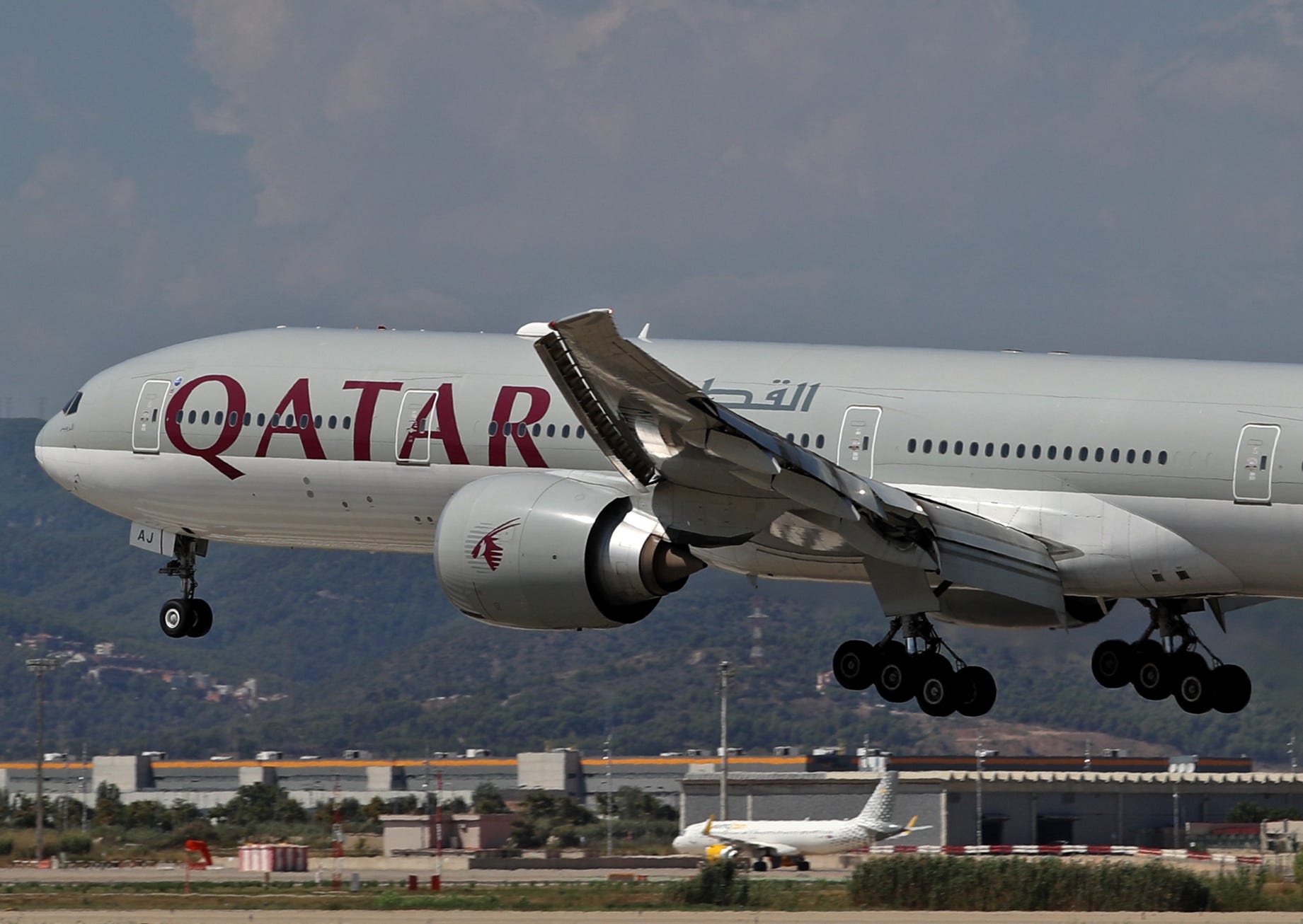 A Boeing 777-3DZ(ER) from Qatar Airways lands at Barcelona airport in Barcelona, Spain, on September 2, 2024.