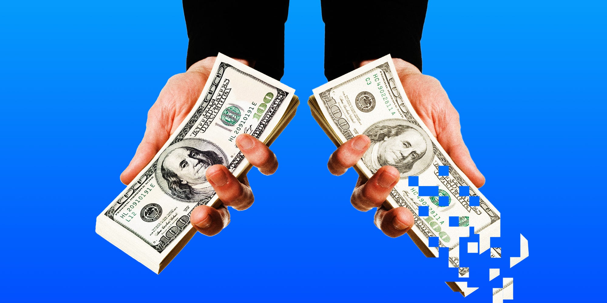 Two hands holding stacks of cash and one of them dissapearing pixel by pixel