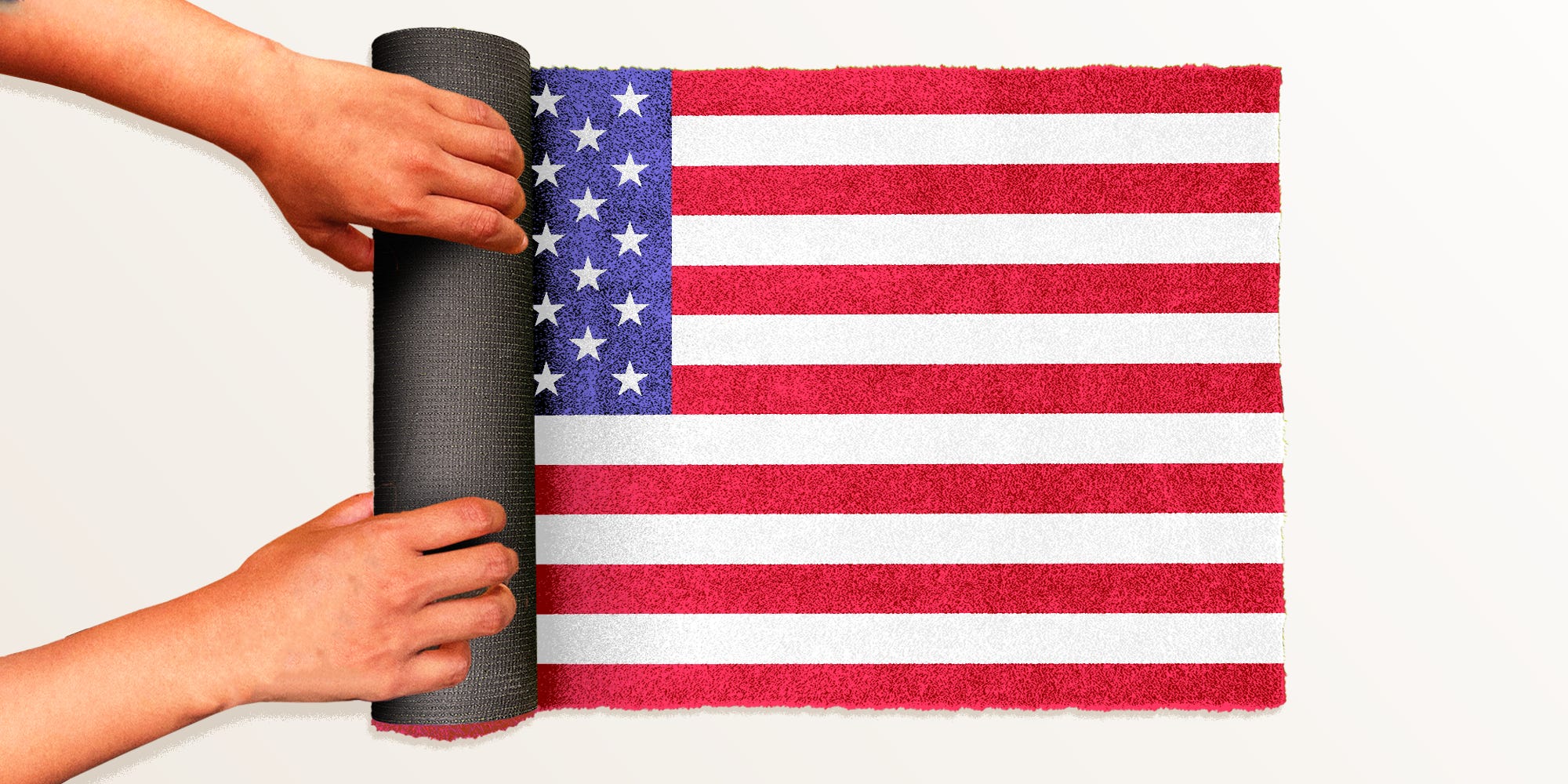 Hands rolling up a rug/the American Flag