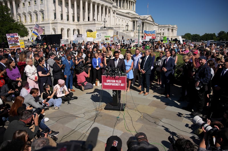 WASHINGTON, DC - SEPTEMBER 03: Rep. Ro Khanna (D-CA) speaks during a news conference with alleged victims of disgraced financier and sex trafficker Jeffrey Epstein outside the U.S. Capitol on September 03, 2025 in Washington, DC. Khanna and Rep. Thomas Massie (R-KY) have introduced the Epstein List Transparency Act to force the federal government to release all unclassified records from the cases of Epstein and his associate, Ghislaine Maxwell. (Photo by Andrew Harnik/Getty Images)