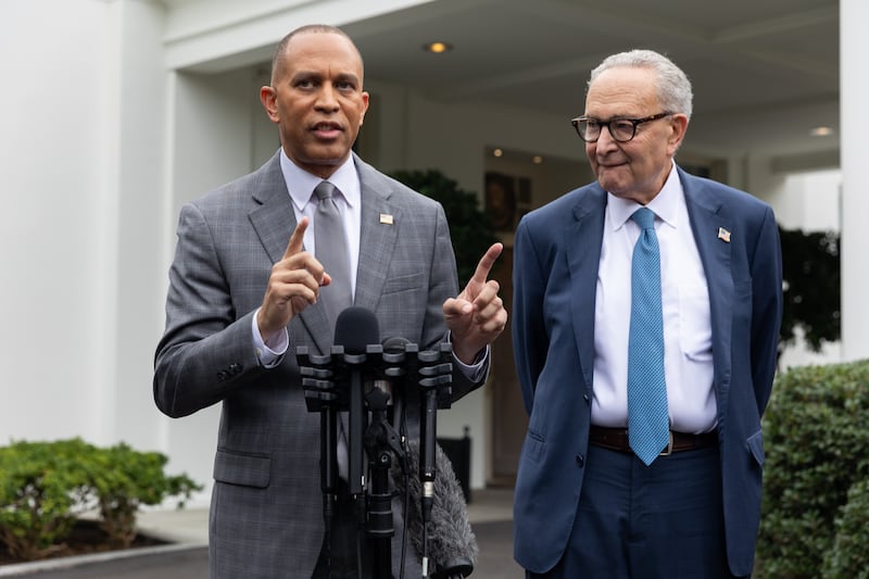 WASHINGTON D.C, UNITED STATES - SEPTEMBER 29: House Minority Leader Hakeem Jeffries (D-NY) speaks during a press conference alongside Senate Minority Leader Chuck Schumer (D-NY), following a meeting between the Congressional Democratic leaders and President Trump and Congressional Republican leadership on funding the government, outside of the White House in Washington DC, United States on September 29, 2025. (Photo by Nathan Posner/Anadolu via Getty Images)