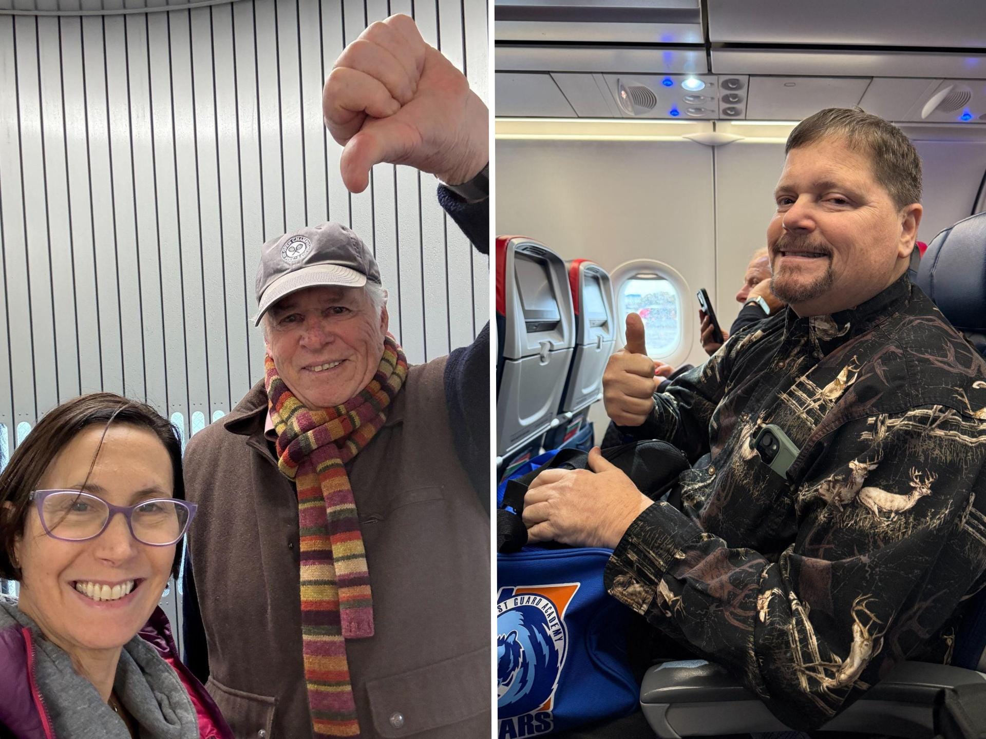 Woman and man with thumbs down (left); man with thumbs up (right)