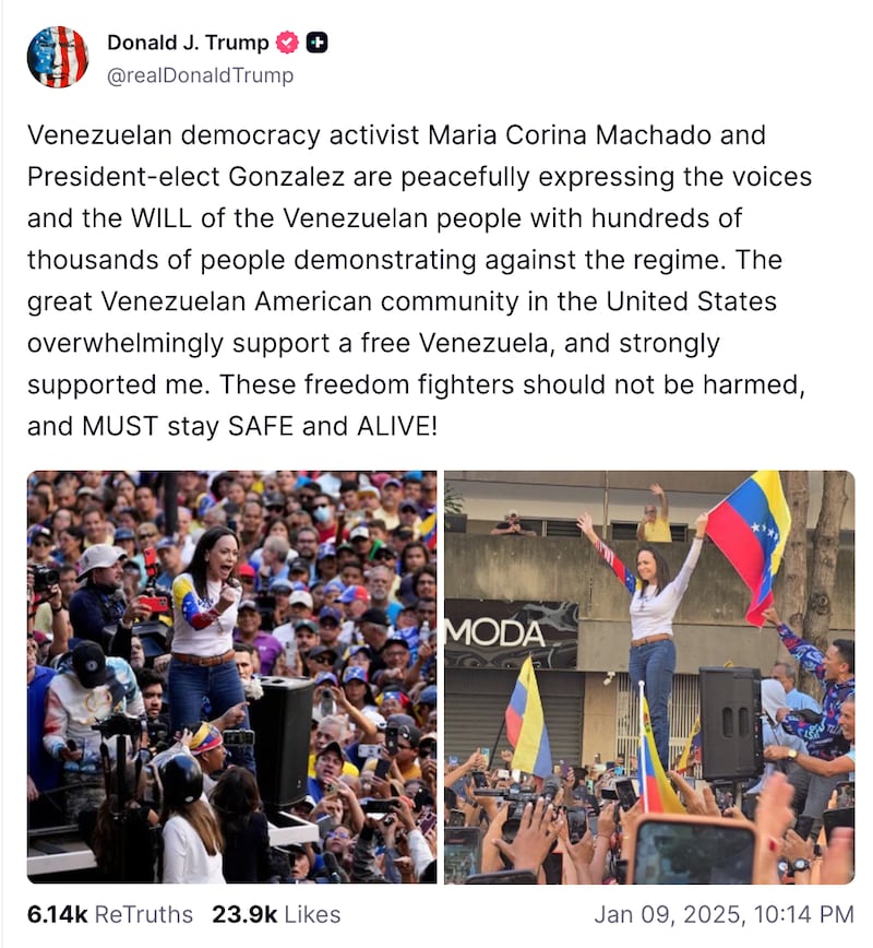 Trump's Truth Social post, in which he praised Machado and her movement.