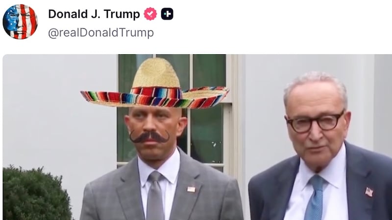 Donald Trump posts AI video of Hakeem Jeffries and Chuck Schumer on Truth Social.
