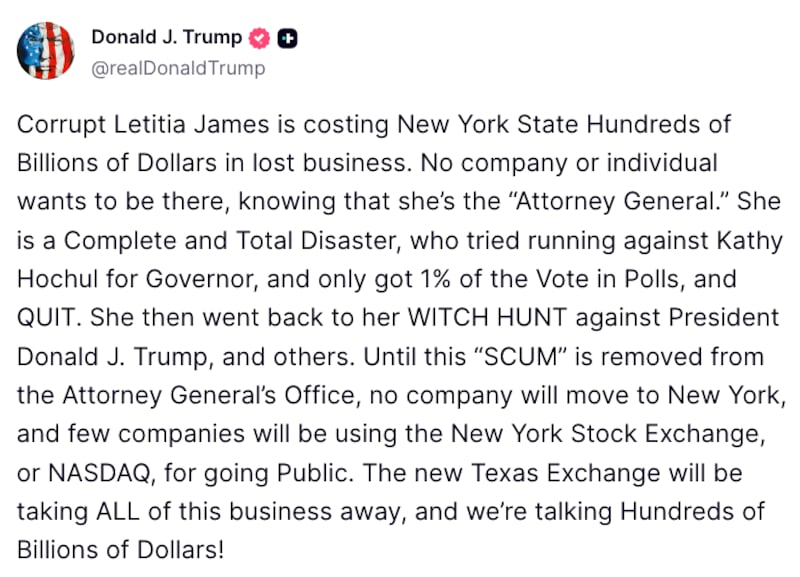 Trump Truth Social post about Letitia James