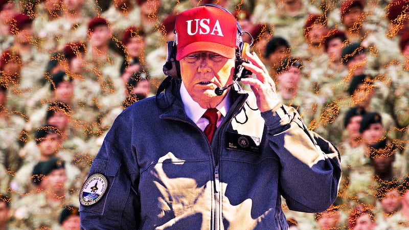 A photo illustration of Donald Trump in front of US military service members.