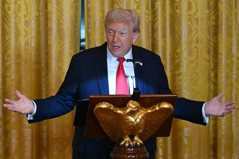 President Donald Trump speaks during a dinner with ballroom donors in the East Room of the White House in Washington, D.C. on October 15, 2025.