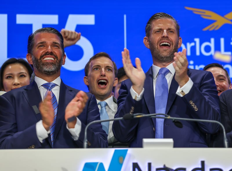 Eric Trump and Donald Trump Jr. along with Zach Witkoff mark the $1.5B partnership between World Liberty Financial (WLFI) and ALT5 Sigma with the ringing of the NASDAQ opening bell on August 13, 2025 in New York City. The Trump family has raked in $802 million from its crypto ventures in the first half of the year, according to Reuters.