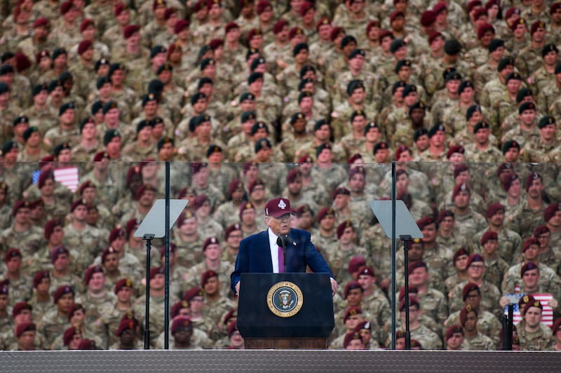 President Donald Trump addresses a crowd of military members during a celebration of the 250th anniversary of the U.S. Army on June 10, 2025 in Fort Bragg, North Carolina.