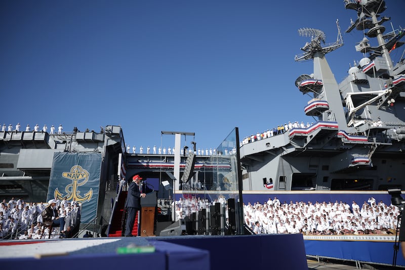 NORFOLK, VIRGINIA - OCTOBER 05: U.S. President Donald Trump makes remarks during the Navy 250 Celebration aboard the USS Harry S. Truman aircraft carrier on October 5, 2025 in Norfolk, Virginia. President Trump is visiting Naval Station Norfolk in Virginia for a celebration of the 250th birthday of the U.S. Navy. (Photo by Alex Wong/Getty Images)