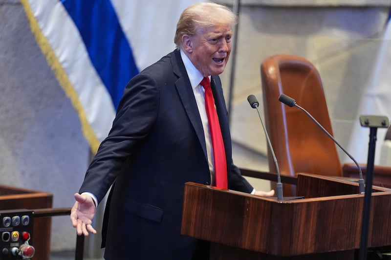 President Donald Trump speaks to the Knesset, Israel's parliament, on October 13, 2025 in Jerusalem.