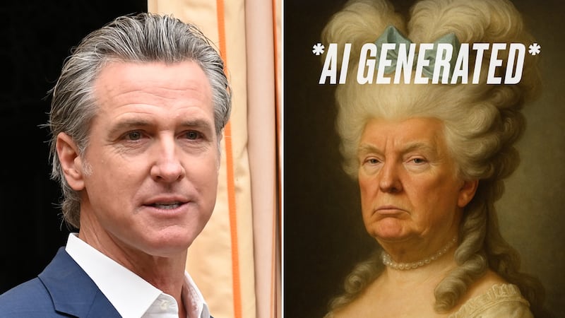 Gavin Newsom and an AI Generated image of Donald Trump as Marie Antoinette