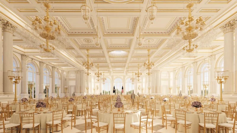 A rendering of the inside of the planned White House ballroom facing south.