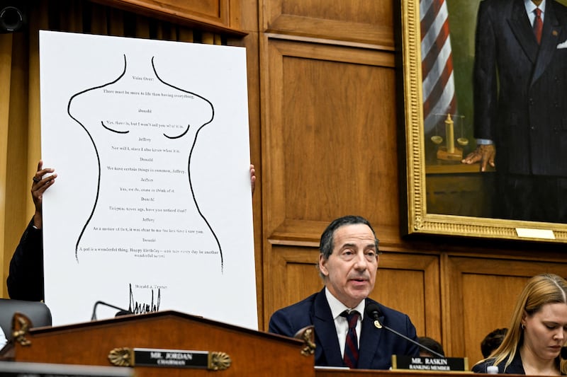 A birthday letter that U.S. President Donald Trump allegedly wrote to disgraced financier Jeffrey Epstein more than 20 years ago is displayed while Representative Jamie Raskin (D-MD) speaks during a House Judiciary Committee hearing with FBI Director Kash Patel (not pictured), on Capitol Hill in Washington, D.C