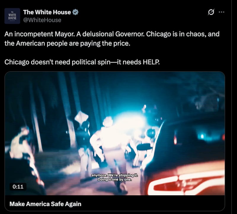 White House tweet promoting their deceptive Chicago ICE raids video.