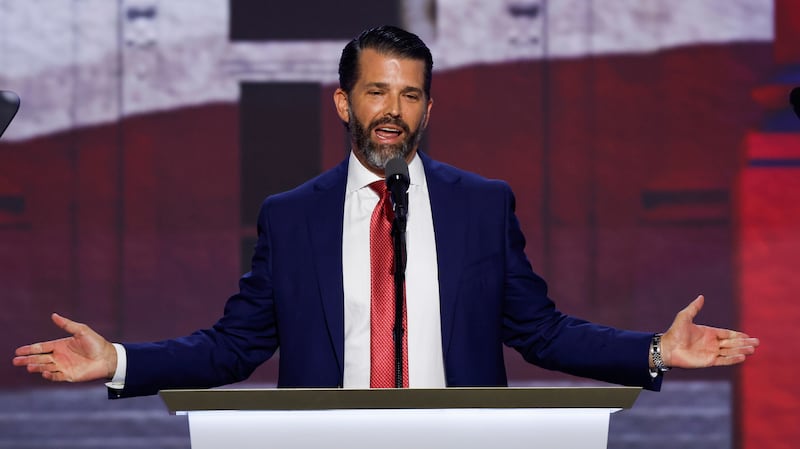 Donald Trump Jr., son of former U.S. President Donald Trump speaks on stage  on the third day of the Republican National Convention at the Fiserv Forum on July 17, 2024 in Milwaukee, Wisconsin.