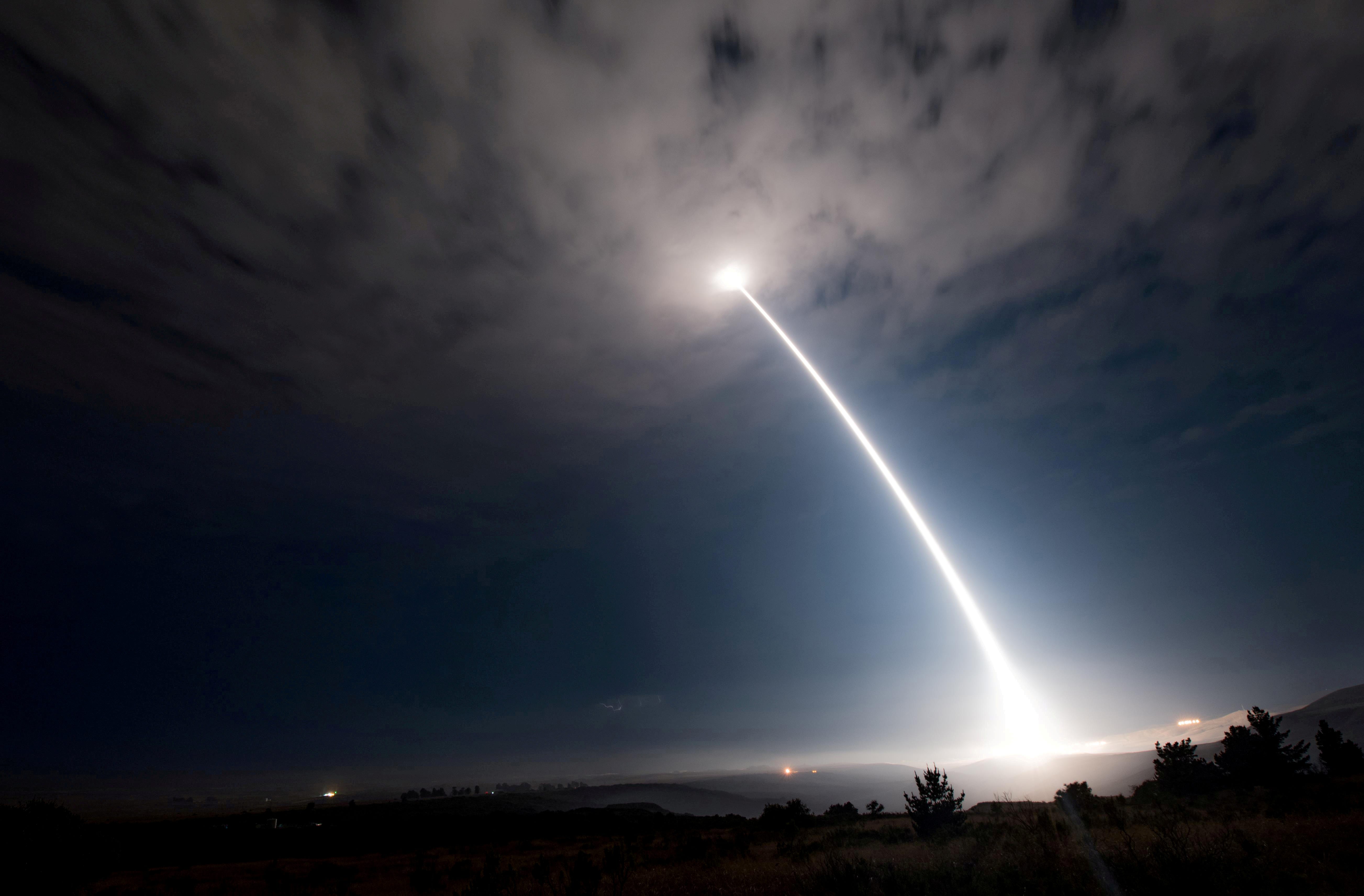 FILE PHOTO: An unarmed Minuteman III intercontinental ballistic missile launches during an operational test at 2:10 a.m. Pacific Daylight Time at Vandenberg Air Force Base, California, U.S., August 2, 2017.  To Match Special Report USA-NUCLEAR/ICBM   U.S. Air Force/Senior Airman Ian Dudley/Handout via REUTERS
