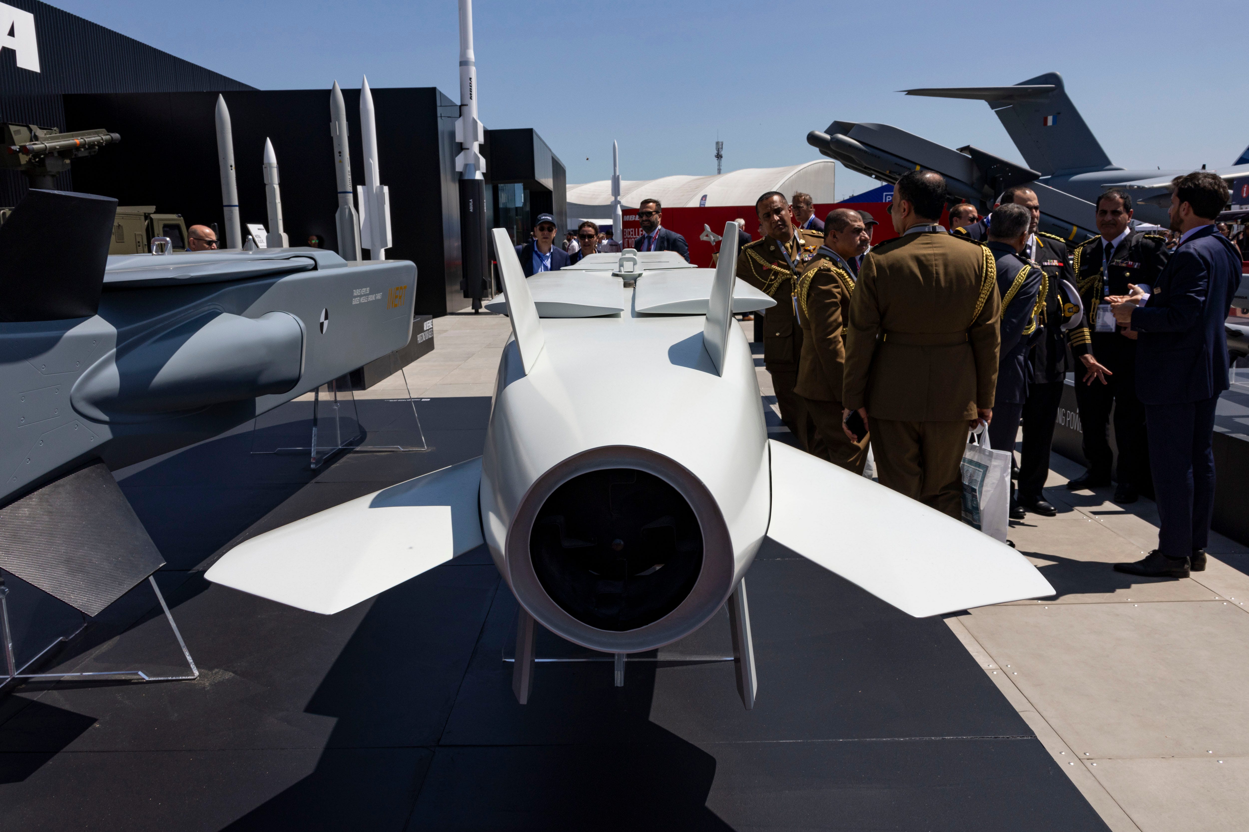 STORM SHADOW low-observable, long range air launched cruise missile displayed at Paris Air Show with the MBDA logo.