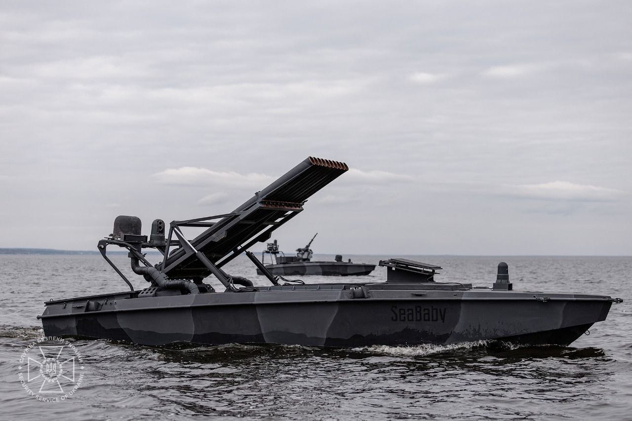 A modified Ukrainian naval drone with rocket launchers is seen in October 2025.