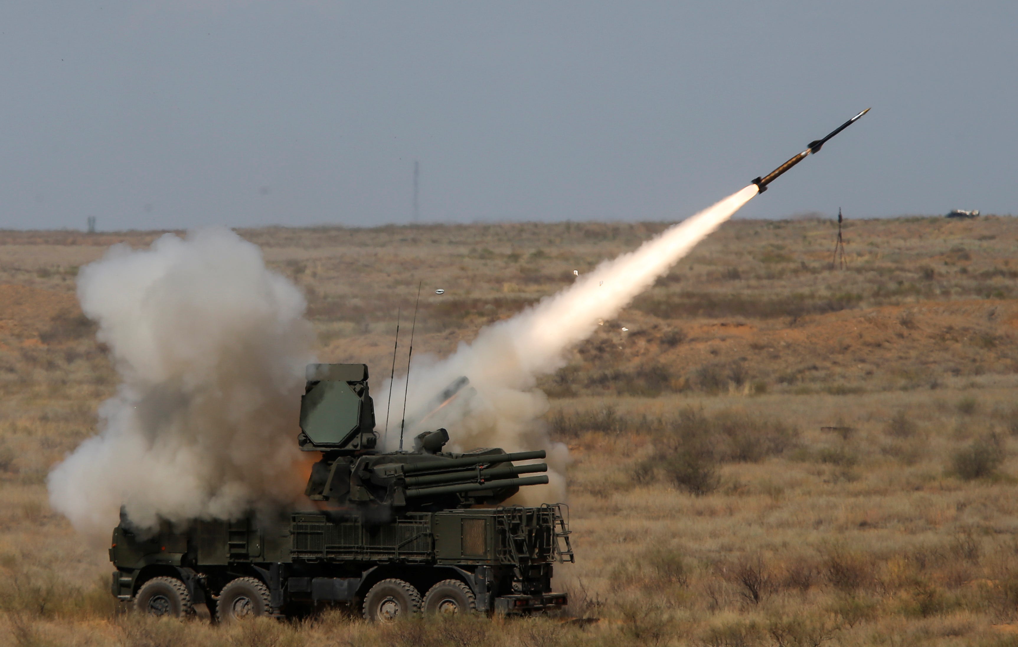 A Pantsir-S surface-to-air missile system fires a missile during the Keys to the Sky competition at the International Army Games 2017 at the Ashuluk shooting range outside Astrakhan, Russia August 5, 2017.