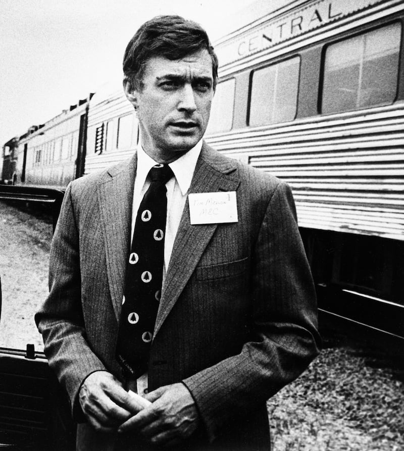 Timothy Mellon, seen outside an inspection train during a property tour in 1981. Exact date and location unknown.