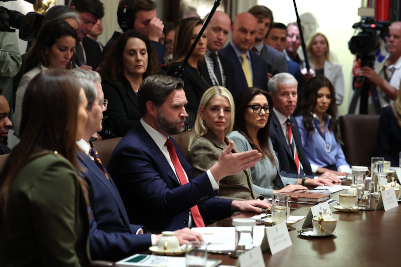 Vice President JD Vance delivers remarks during a Cabinet meeting with President Donald Trump at the White House on October 09, 2025 where he joked about Minority Leader Schumer as