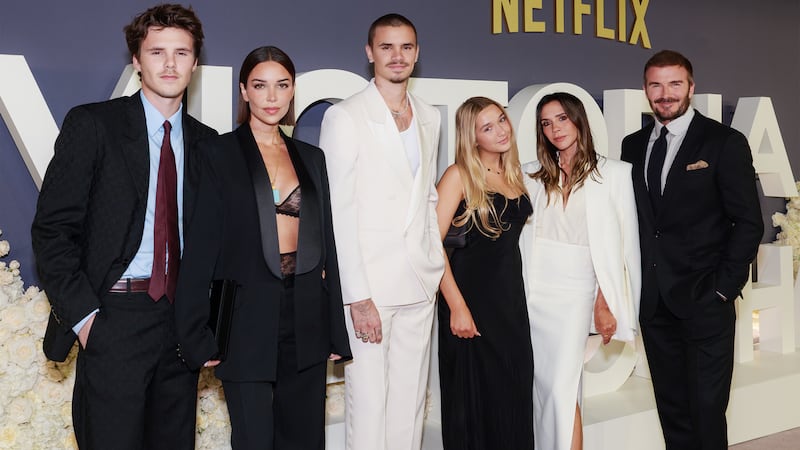(L-R) Cruz Beckham, Jackie Apostel, Romeo Beckham, Harper Beckham, Victoria Beckham and David Beckham attend the "Victoria Beckham" World Premiere at the Curzon Mayfair on Oct. 8, 2025 in London, England.