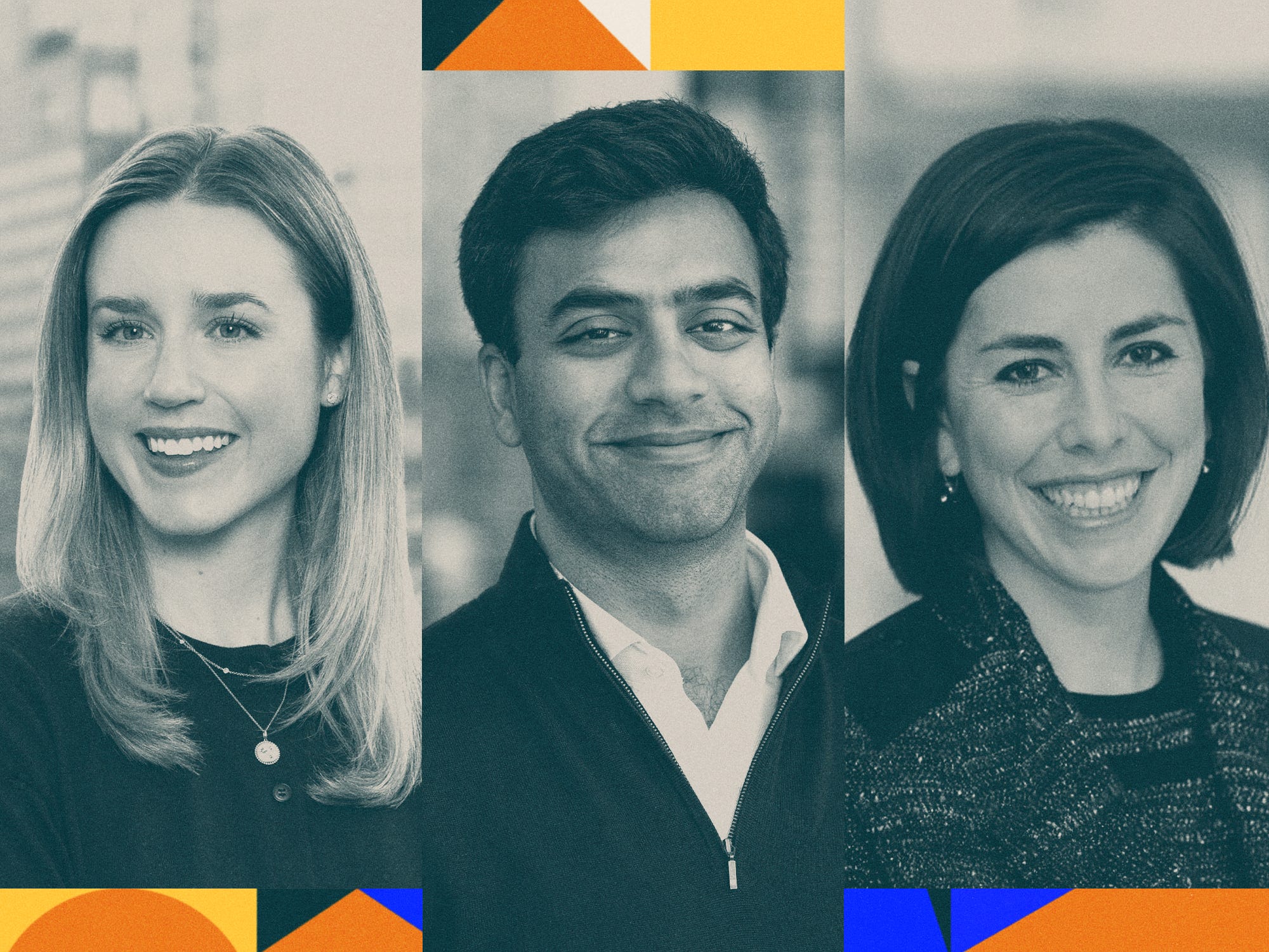 Photo collage featuring Wall Street's rising stars of 2024 (Nikunj Jain, Sarah Naylor, Catherine Kress)