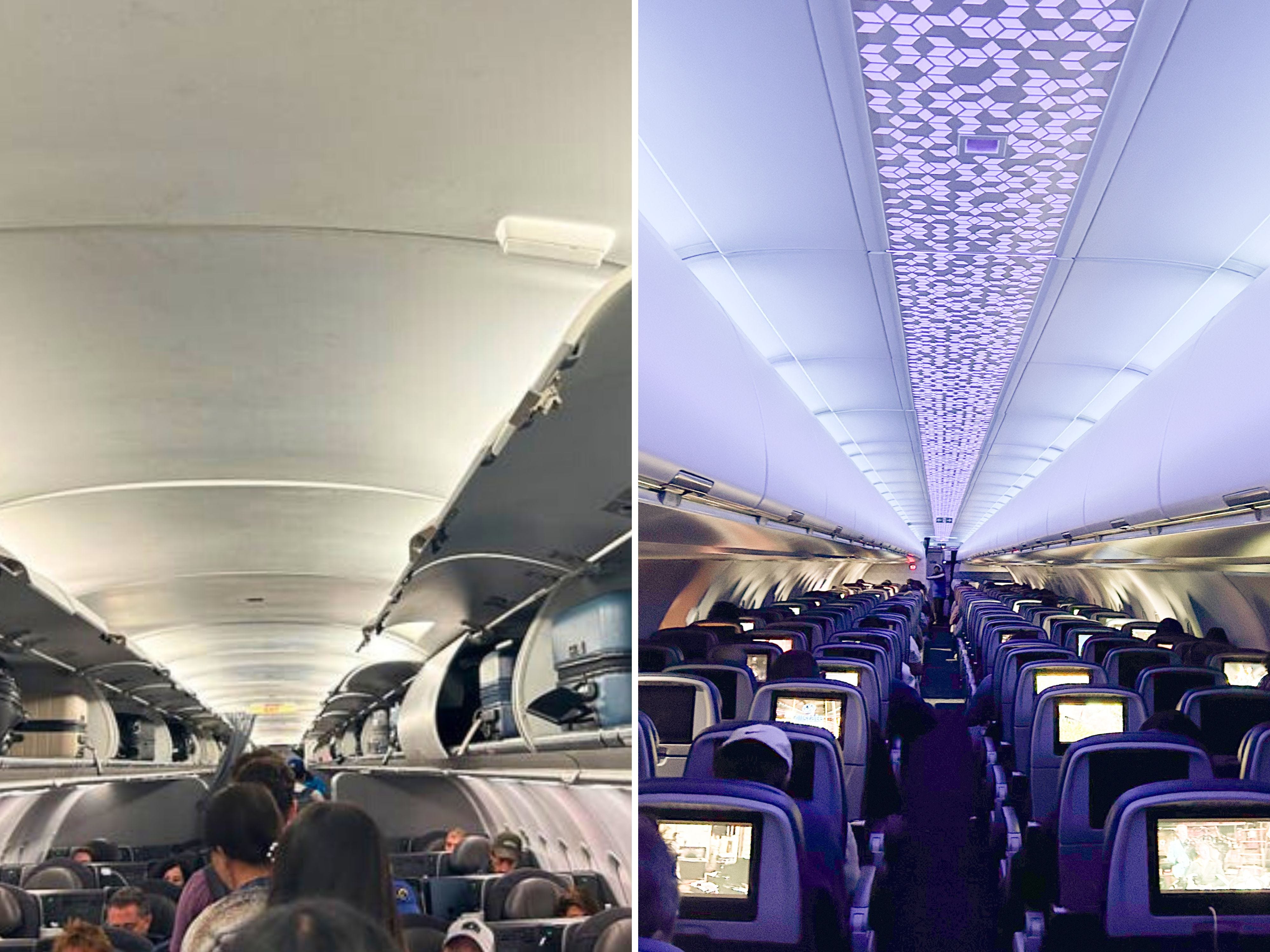 A composite image of passengers boarding an American Airlines flight and inside a dimly lit economy cabin on a Delta flight