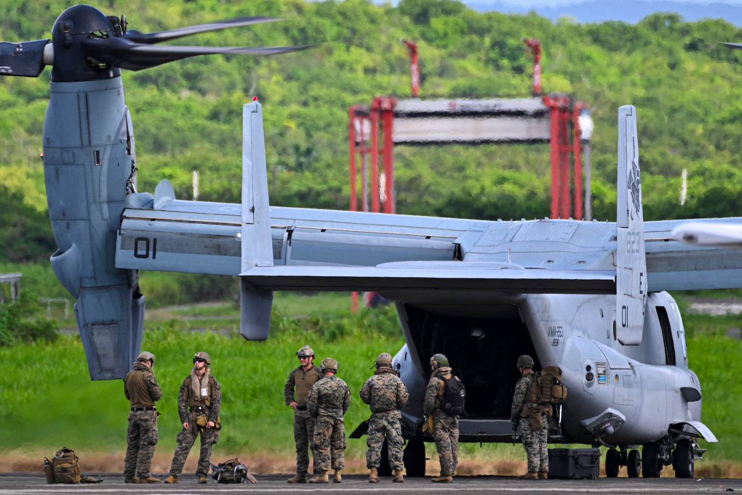 U.S. Marines unload from a V-22 Osprey aircraft at José Aponte de la Torre Airport in Ceiba, Puerto Rico.