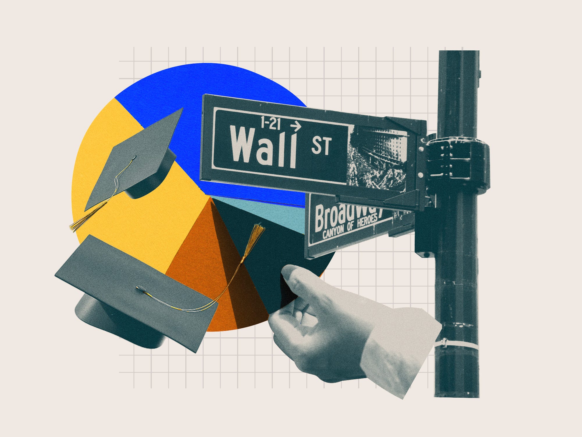 Hand placing the final piece of a paper pie chart, surrounded by a Wall Street sign and falling graduation caps.
