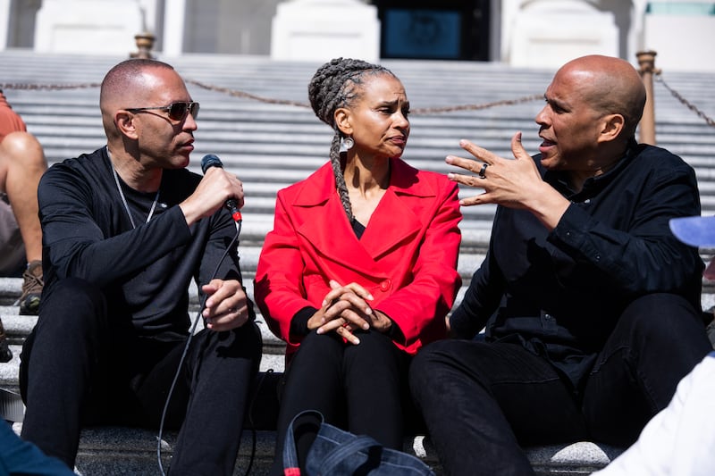 House Minority Leader Hakeem Jeffries,  Sen. Cory Booker during a joint press conference with activist Maya Wiley in April.