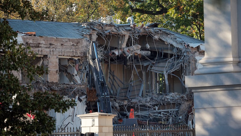 The facade of the East Wing of the White House is demolished by work crews on October 20, 2025 in Washington, D.C..