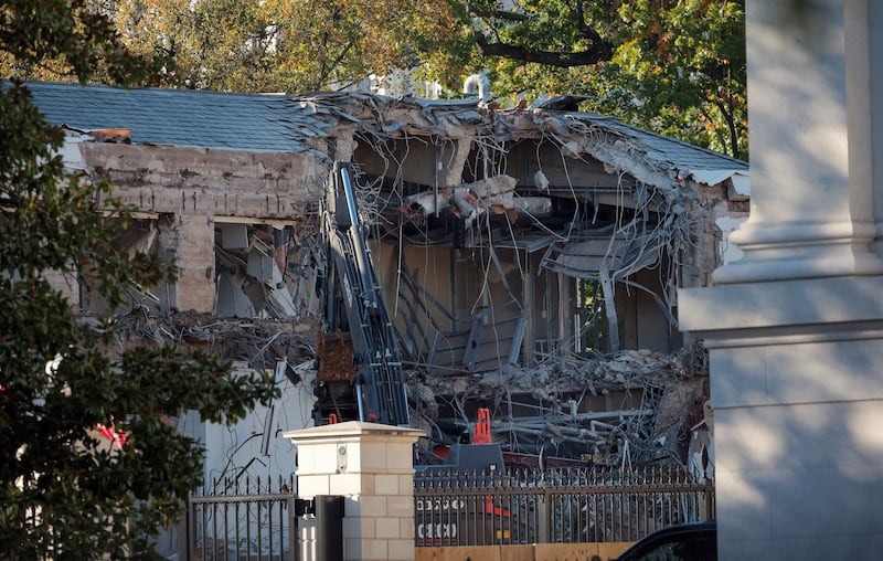 The facade of the East Wing of the White House is demolished by work crews on October 20, 2025 in Washington, D.C..