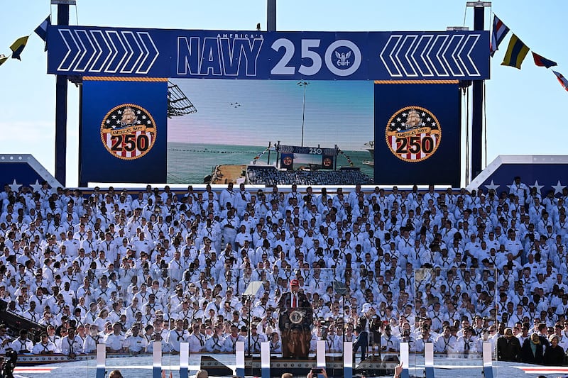 US President Donald Trump delivers remarks during the US Navy's 250th anniversary celebration,