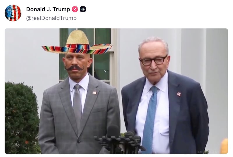 Donald Trump posts AI video of Hakeem Jeffries and Chuck Schumer on Truth Social.